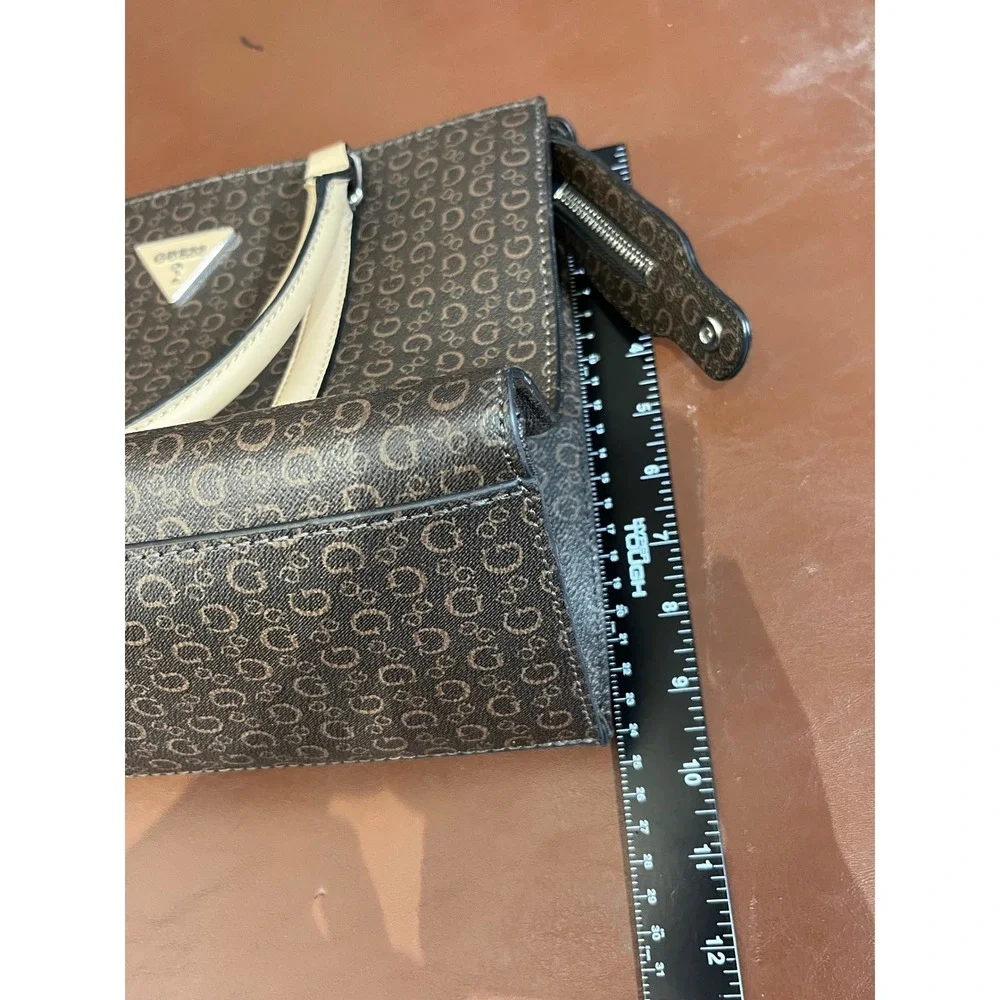 GUESS Brown Monogram Logo Satchel Handbag Tan Handles Structured‎ Zip Top Bag
